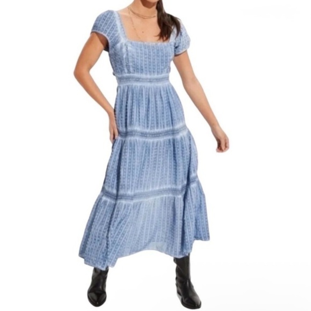 American Eagle Blue Short Puff Sleeve Tiered Midi Tie Back Dress Size Medium